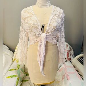 Papillon Cream Blush Pink Lace Waist Tie Top L